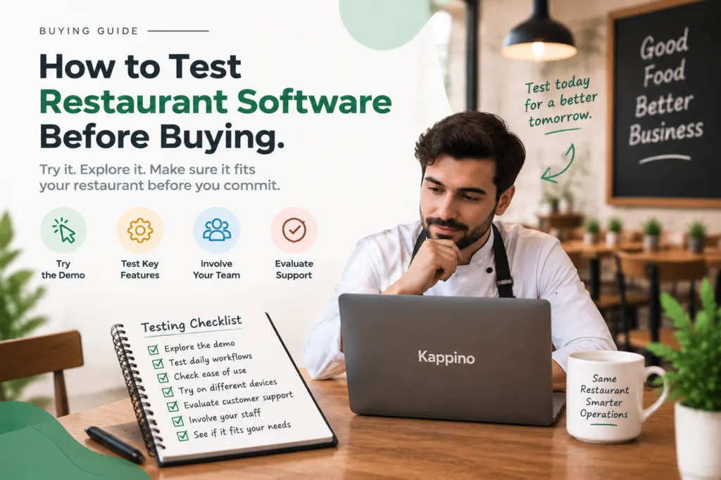 Kaufratgeber für Restaurant-Management-Software mit dem Kappino-Dashboard für Bestellungen, Tische, Menü, Lagerverwaltung und Berichte.