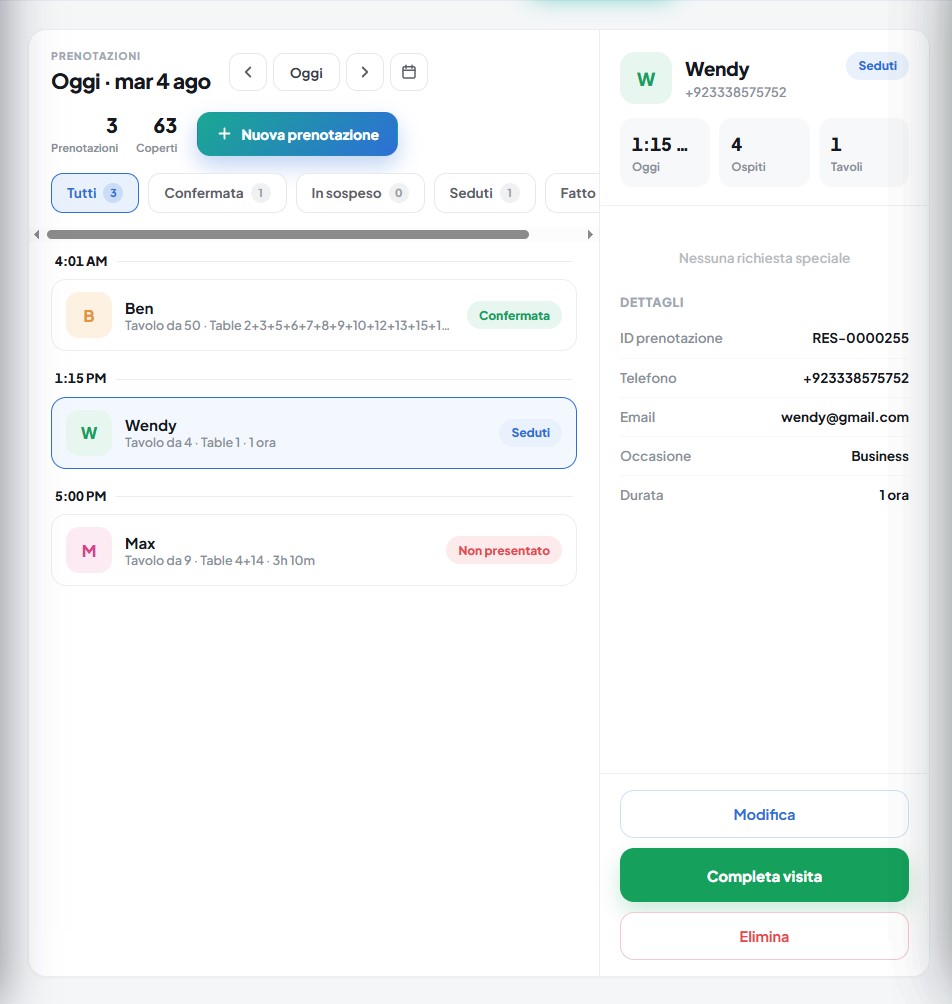 Sistema di prenotazione ristorante online Kappino: dashboard con agenda prenotazioni e gestione tavoli in tempo reale