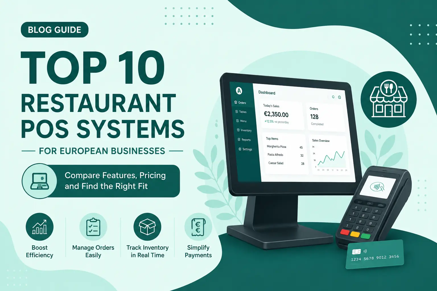Top 10 Restaurant POS Systems for European Businesses guide cover showing a POS dashboard, card reader, and payment card