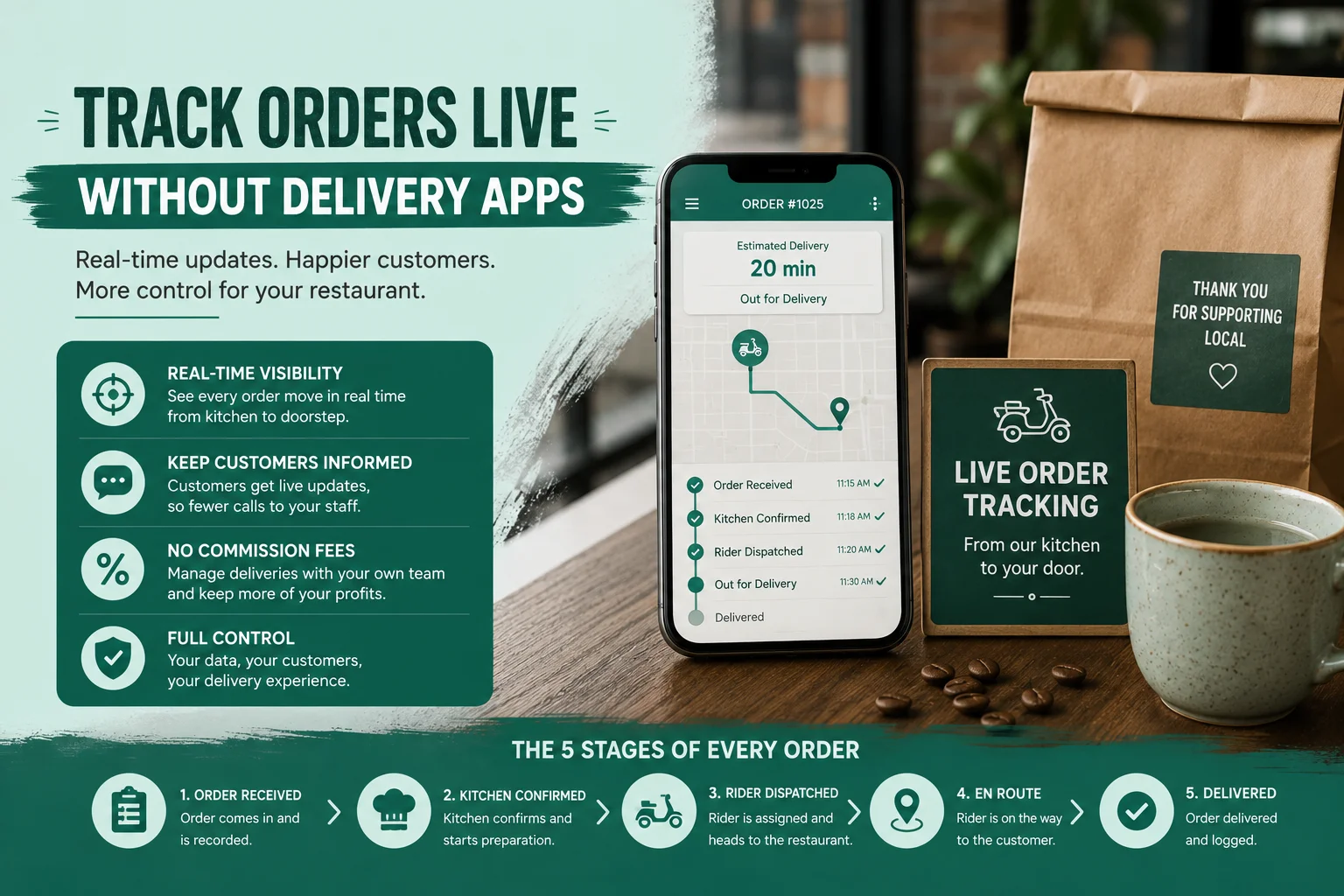 live order tracking for restaurants showing delivery status and 5-stage order process.
