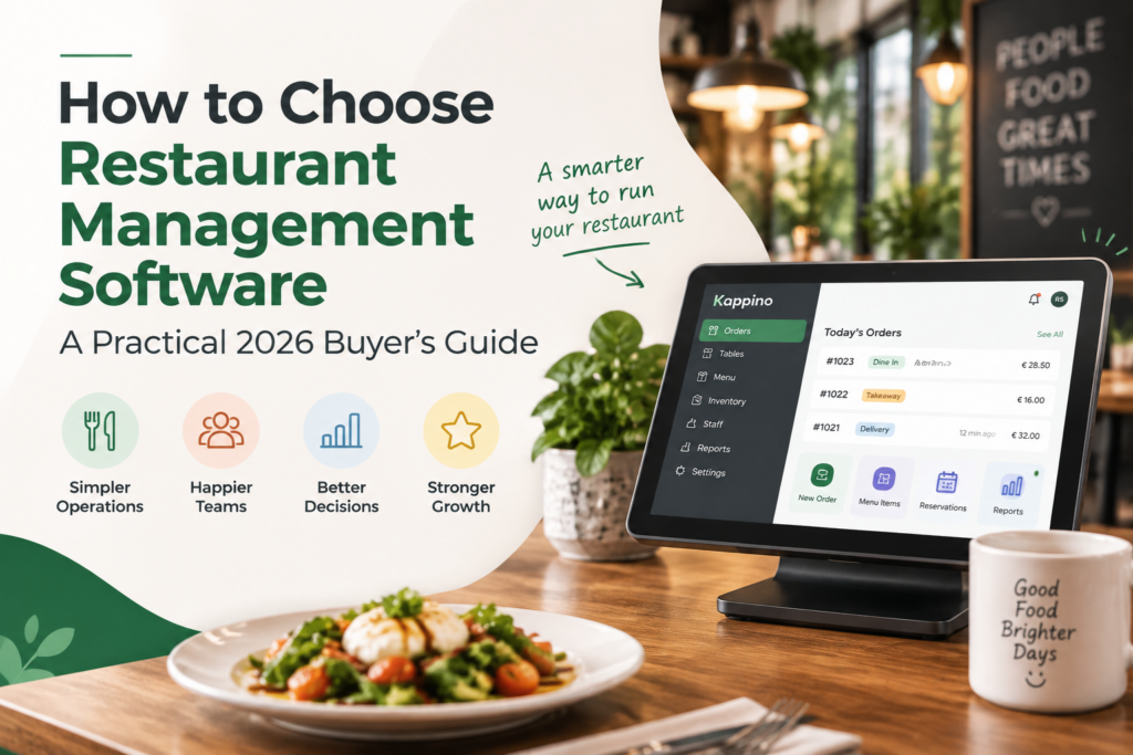 Restaurant software requirements guide showing operations, team, goals and essential restaurant management needs.