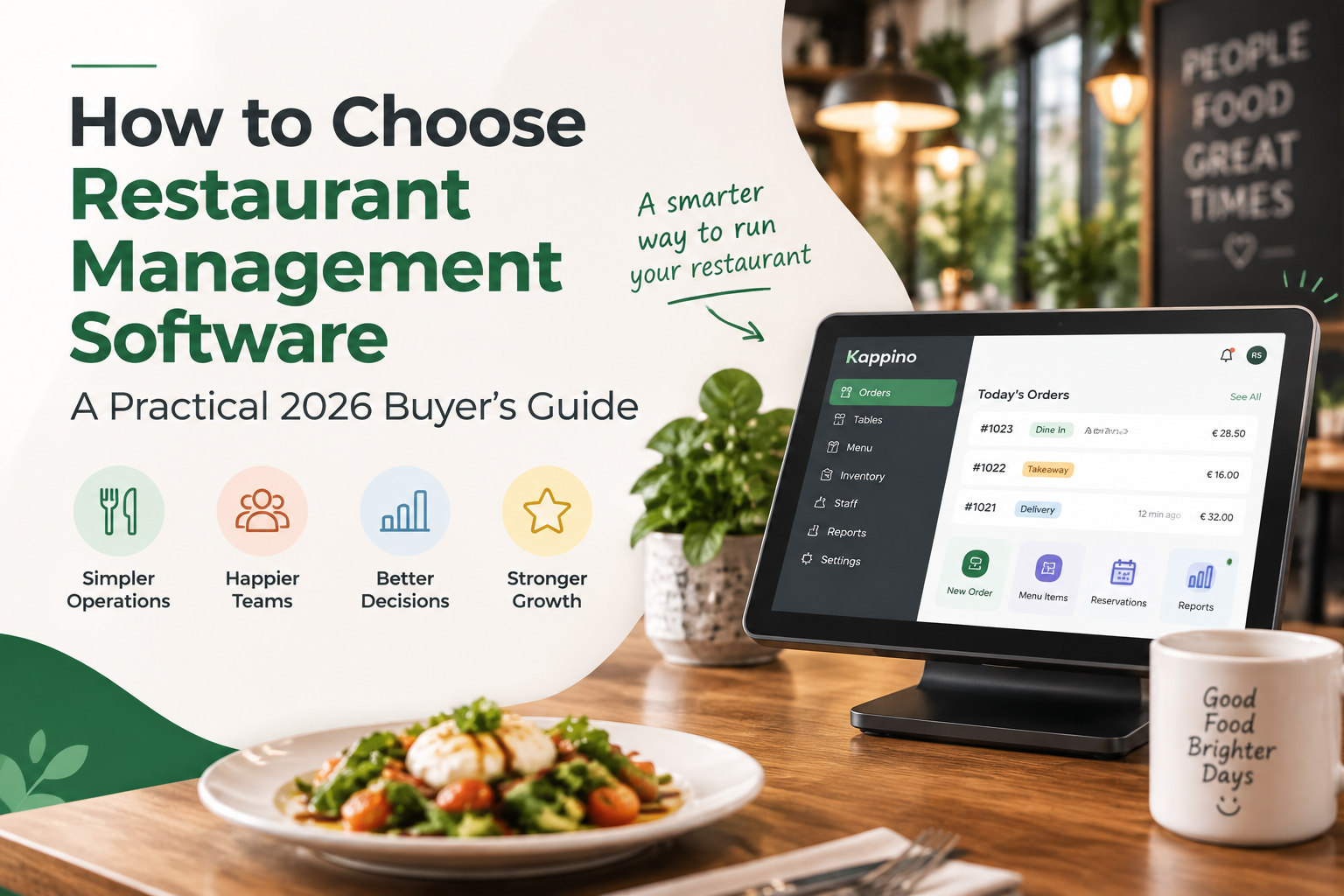 Restaurant software requirements guide showing operations, team, goals and essential restaurant management needs.