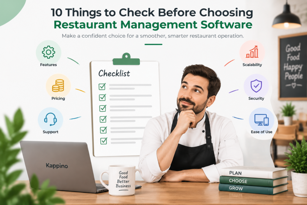Restaurant owner reviewing dine-in, takeaway, delivery, reservations, staff and inventory software requirements.