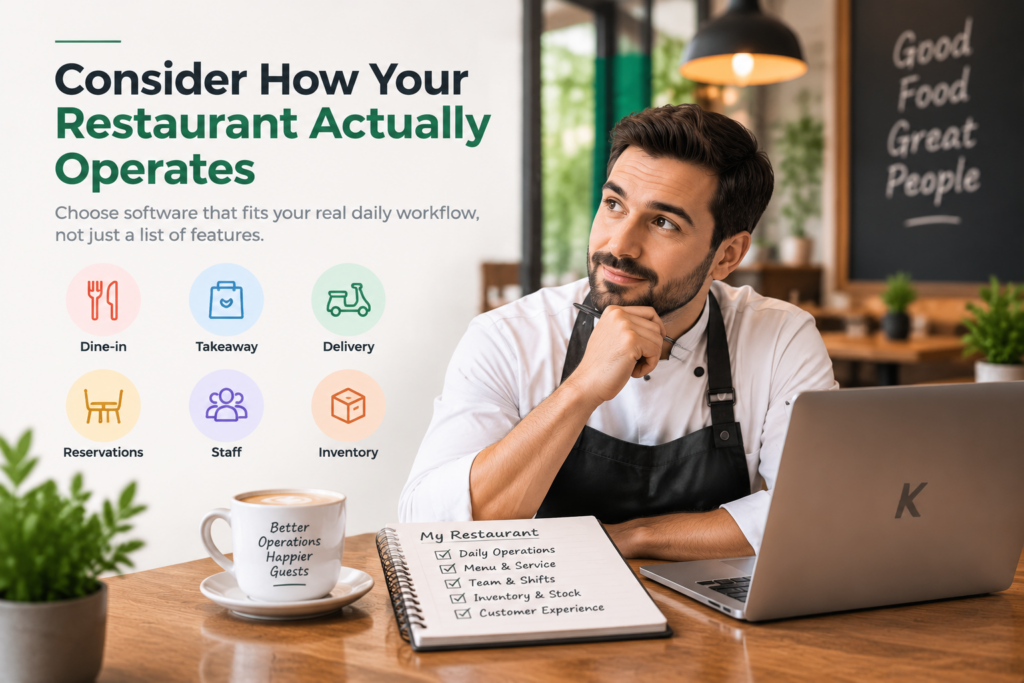 Restaurant owner testing management software before buying by reviewing workflows, features, usability and support.