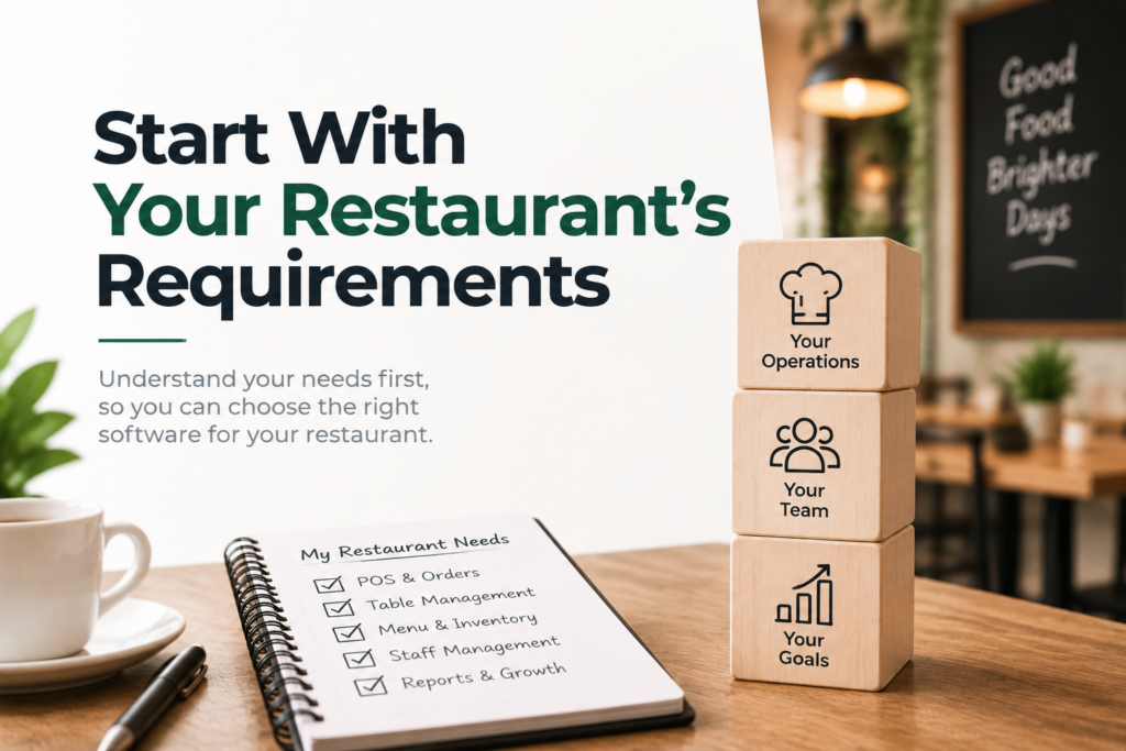 Restaurant management software evaluation checklist for comparing features, total cost, usability, support and security.