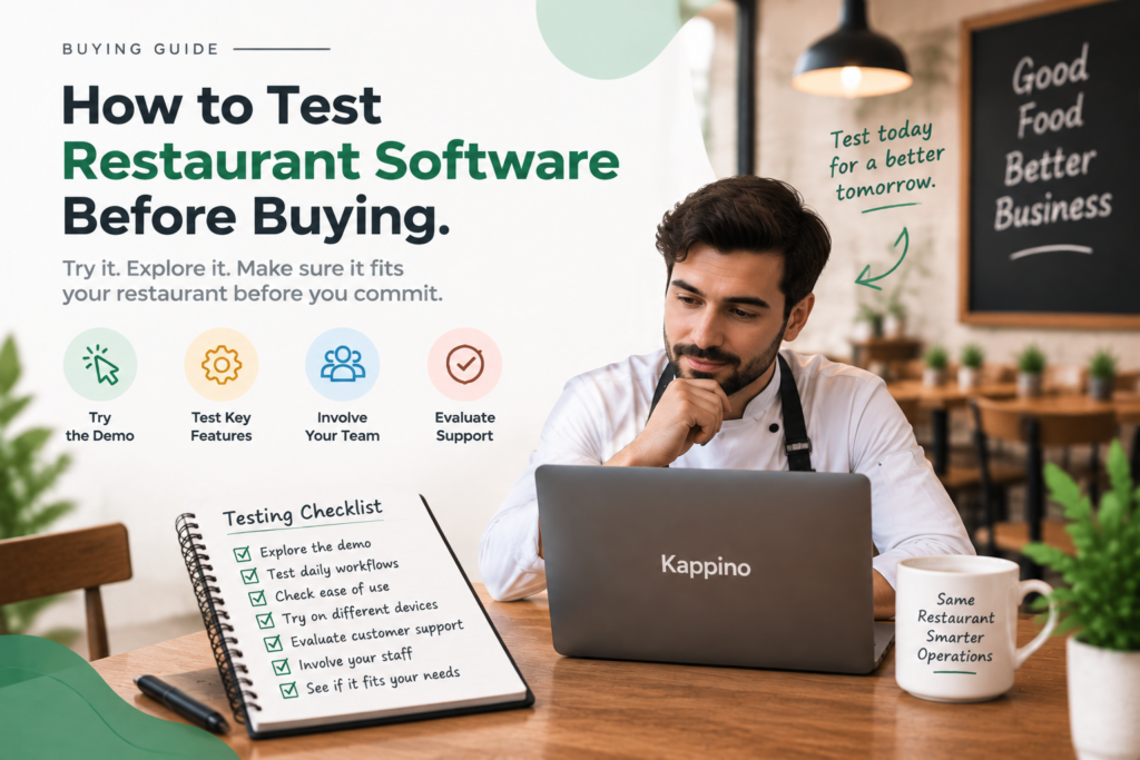 Restaurant management software buying guide showing Kappino dashboard for orders, tables, menu, inventory and reports.